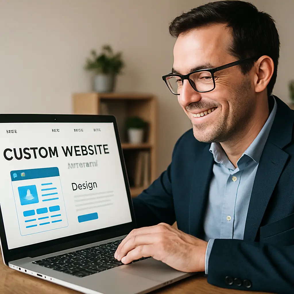 Een ondernemer die tevreden zijn maatwerk website bekijkt op een laptop