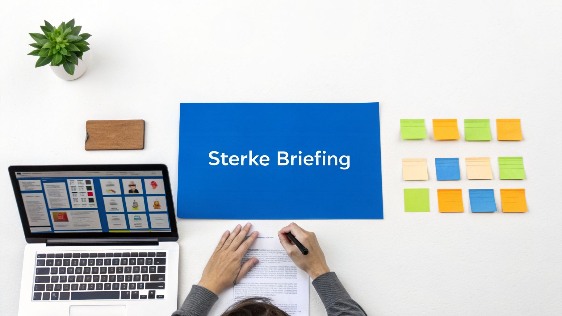 Overzicht van een bureau met laptop, plant, blauwe 'Sterke Briefing' folder, schrijvende handen en memobriefjes.