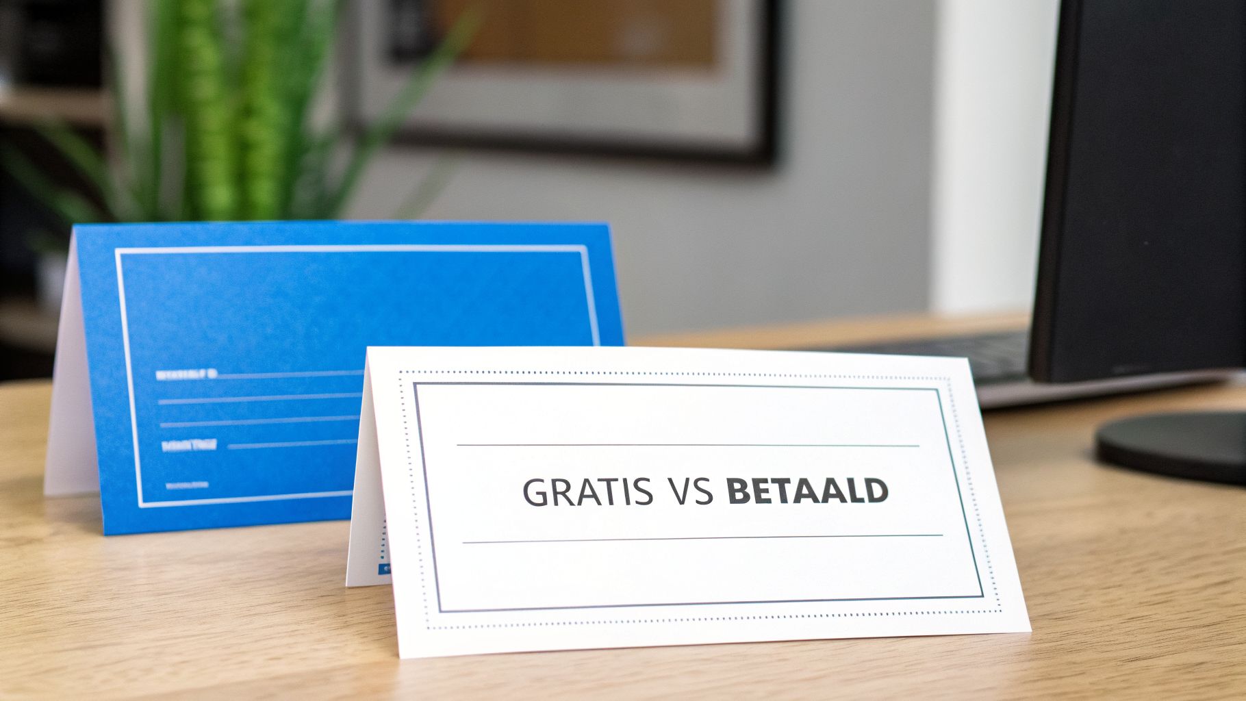 Twee staande kaarten op een houten bureau, één met 'GRATIS VS BETAALD' en de ander blauw.