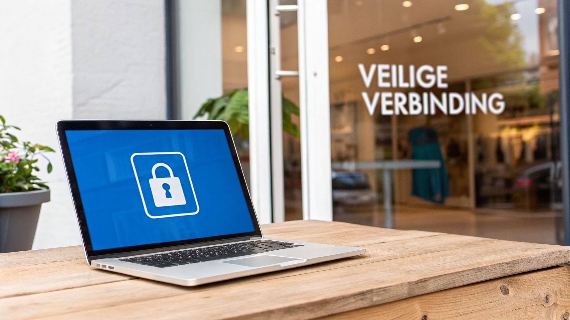 Een laptop op een houten tafel met een sloticoon op het scherm, en "Veilige Verbinding" op een etalageraam.