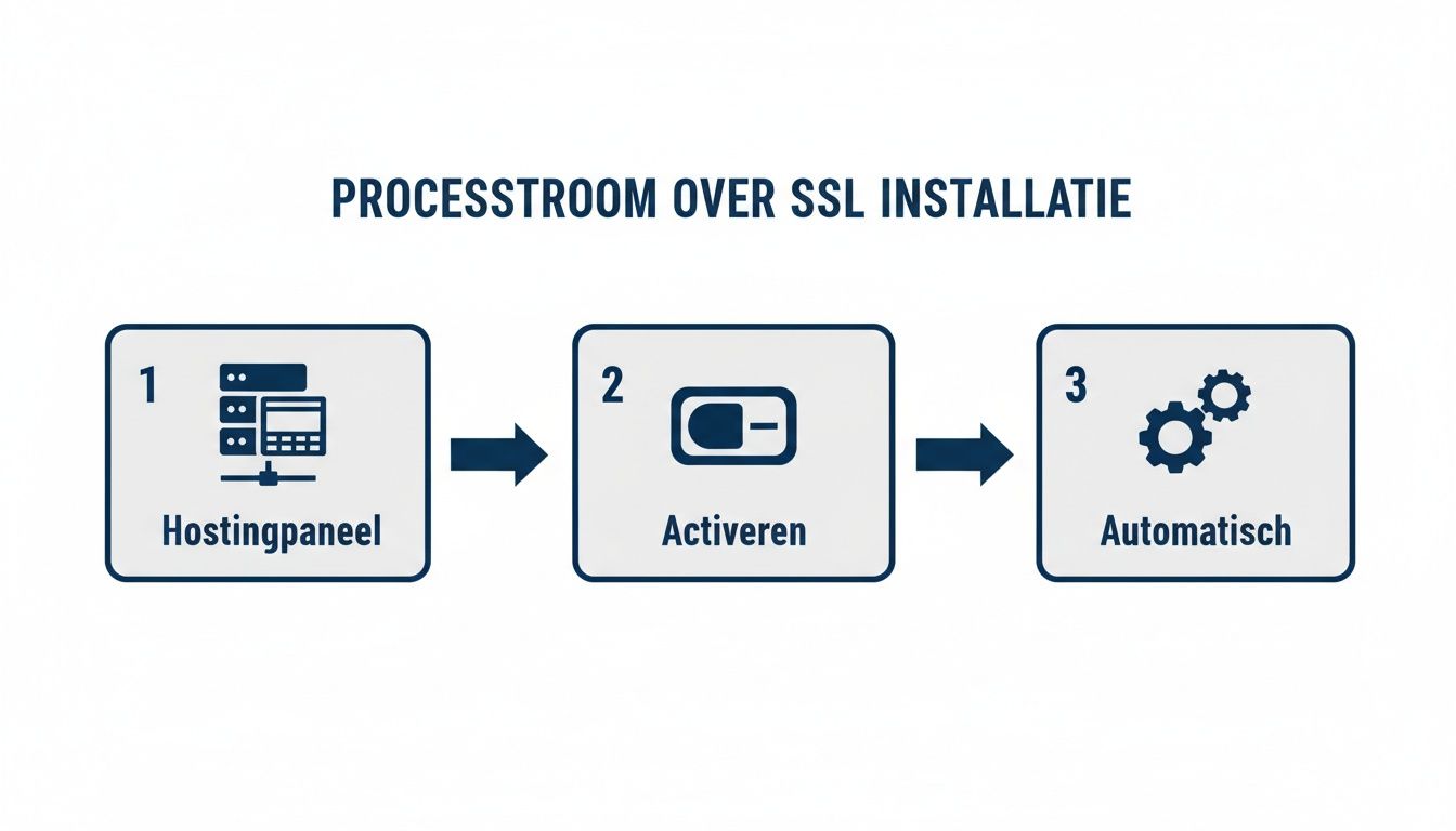Een stroomschema van de 3-staps SSL installatie: hostingpaneel, activeren en automatisch instellen.