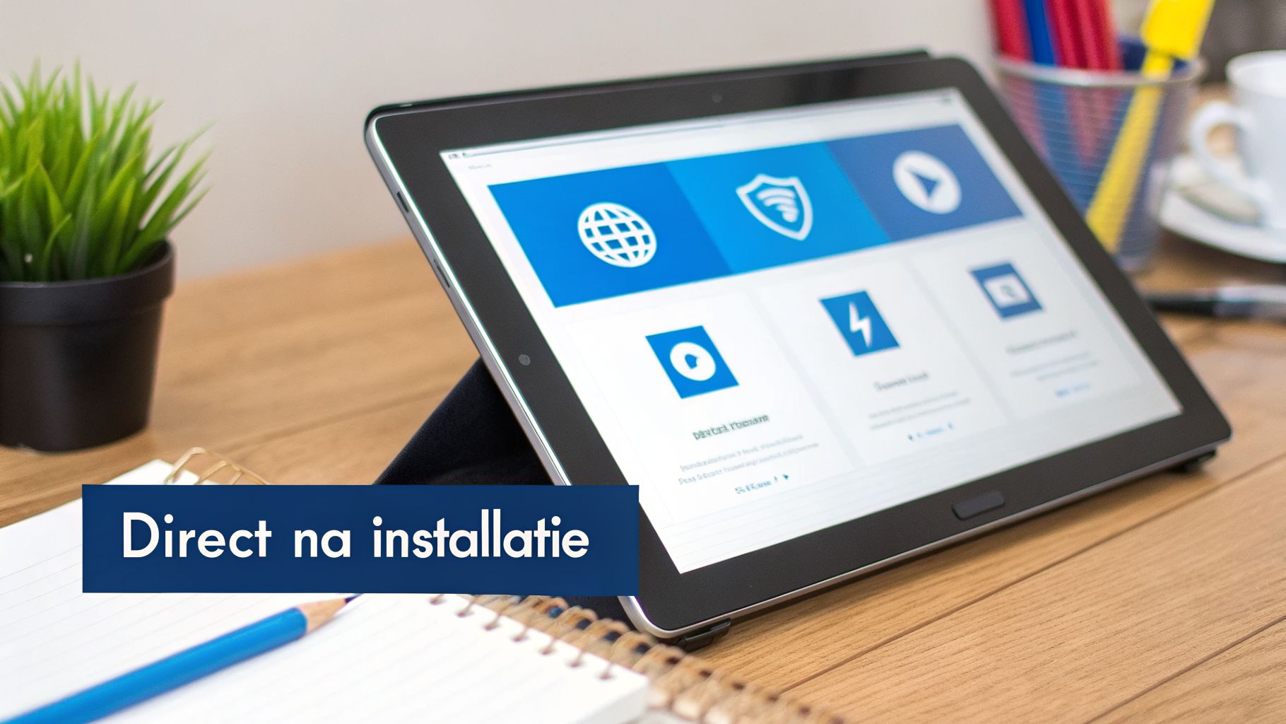 Tablet op een houten bureau met een overzicht van apps en de tekst 'Direct na installatie'.