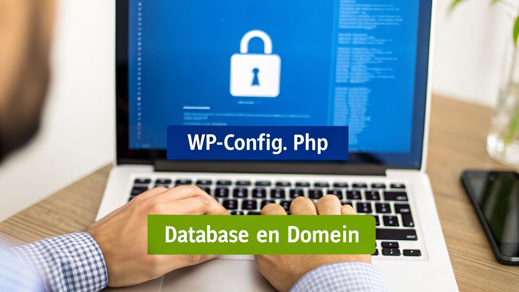 Een persoon typt op een laptop met een slot-icoon en code op het scherm, met de teksten 'WP-Config. Php' en 'Database en Domein'.