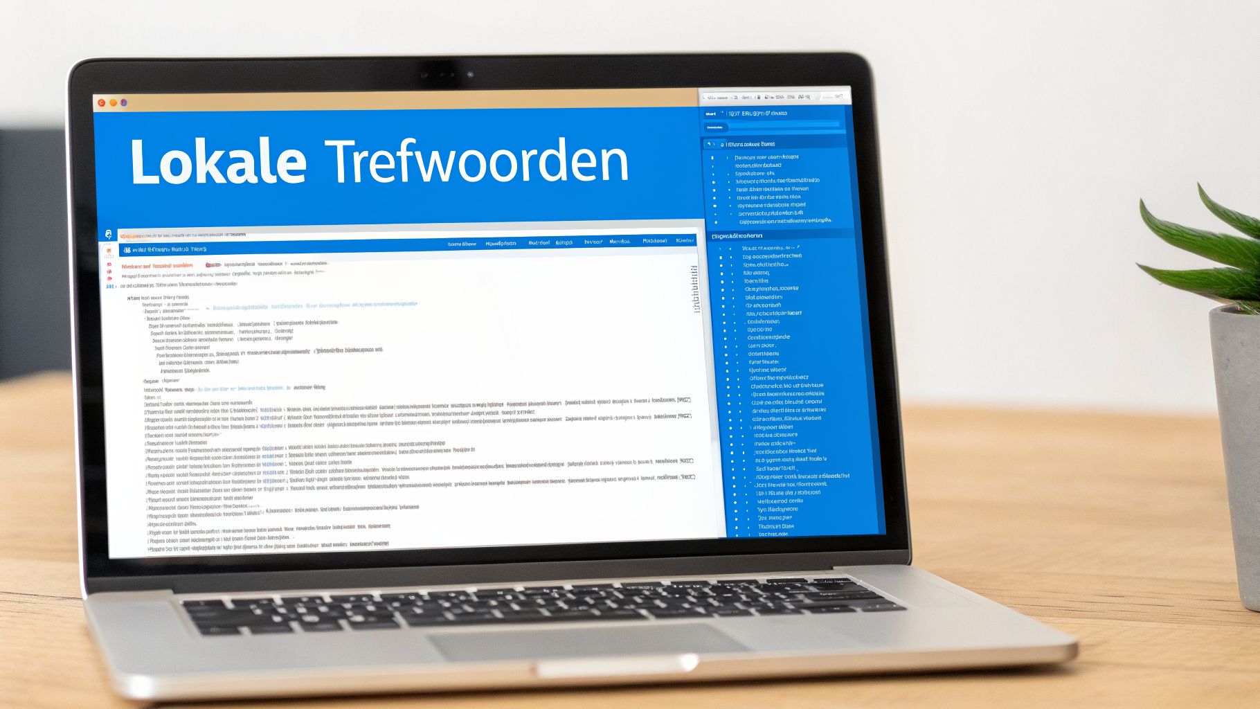 Laptop met een blauw scherm waarop de Nederlandse tekst 'Lokale Trefwoorden' te zien is, op een houten tafel.