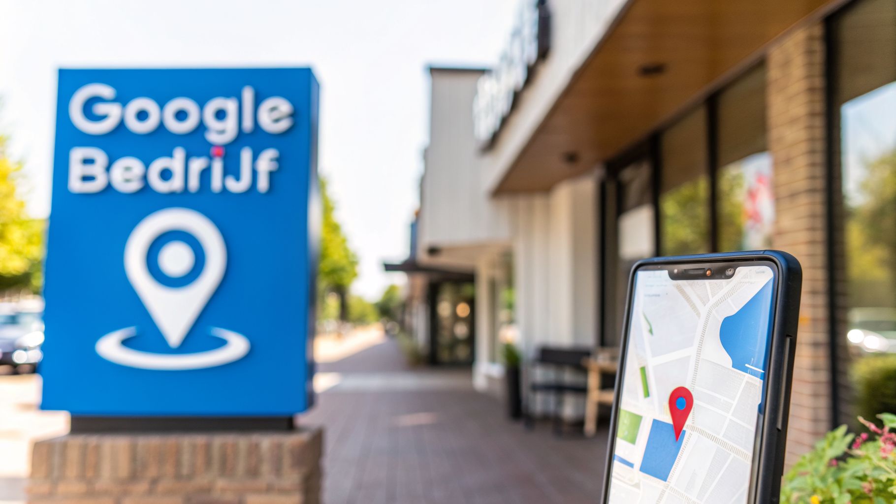 Een geoptimaliseerd Google Bedrijfsprofiel, gesymboliseerd door een winkelpui en een smartphone met een kaart-pin, essentieel voor lokale SEO tips.