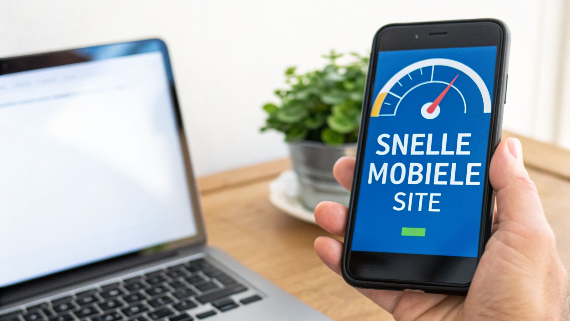 Een hand houdt een smartphone vast met een scherm dat 'Snelle Mobiele Site' en een snelheidsmeter toont.