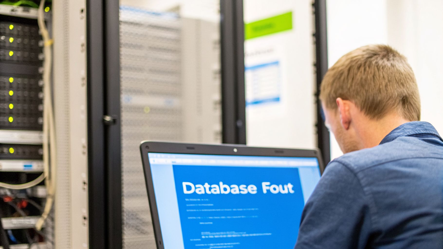 Een persoon zit voor een laptop met 'Database Fout' op het scherm, in een serverruimte met rekken en knipperende lichten.