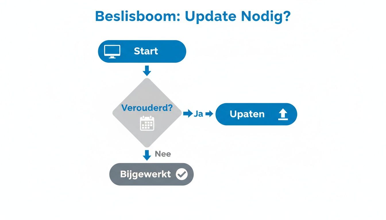 Beslisboom voor software-updates: Start, controleer op veroudering, zo ja, dan updaten, zo nee, dan bijgewerkt.