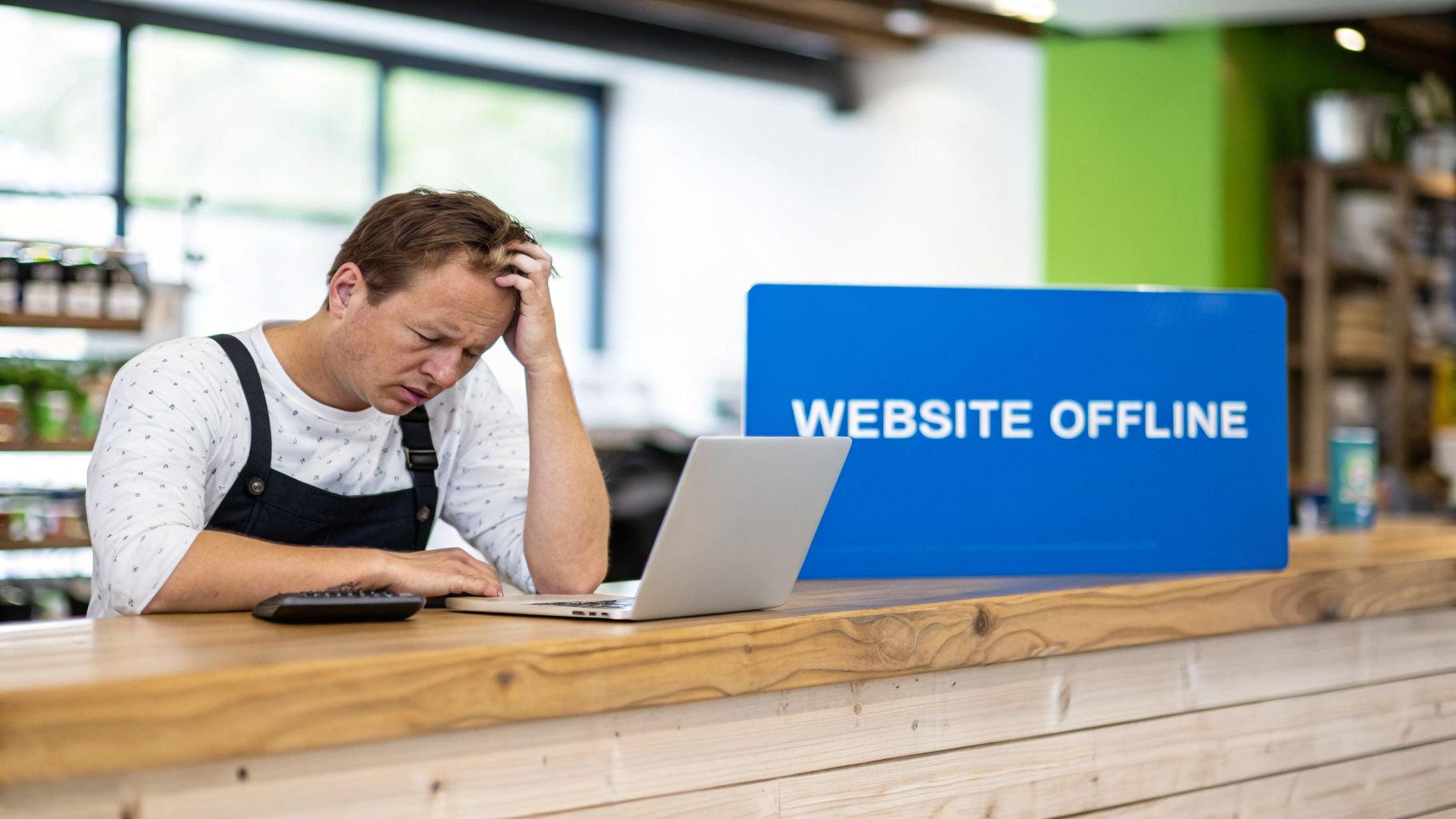Een gestreste man met schort zit achter een laptop bij een bordje "WEBSITE OFFLINE".