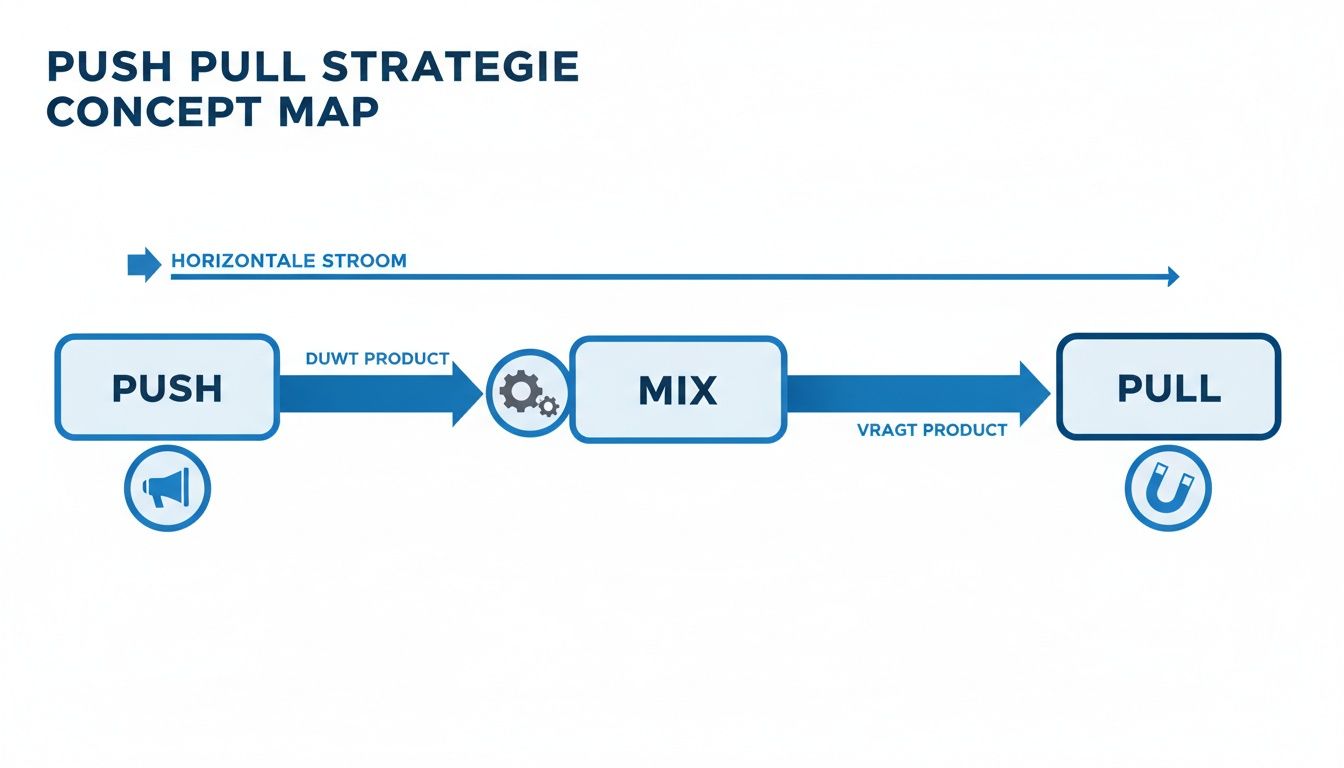 Conceptkaart van de push-pull strategie, toont een horizontale stroom van push via mix naar pull met productbeweging.
