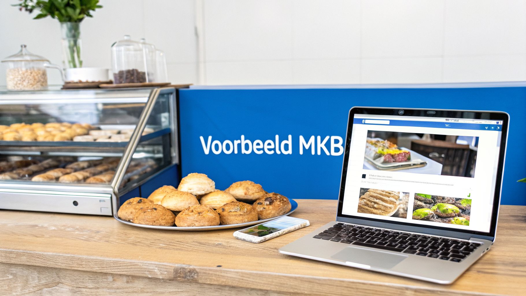 Laptop op een houten balie met vers gebak, een smartphone en een displaykast. Achtergrond met 'Voorbeeld MKB'.
