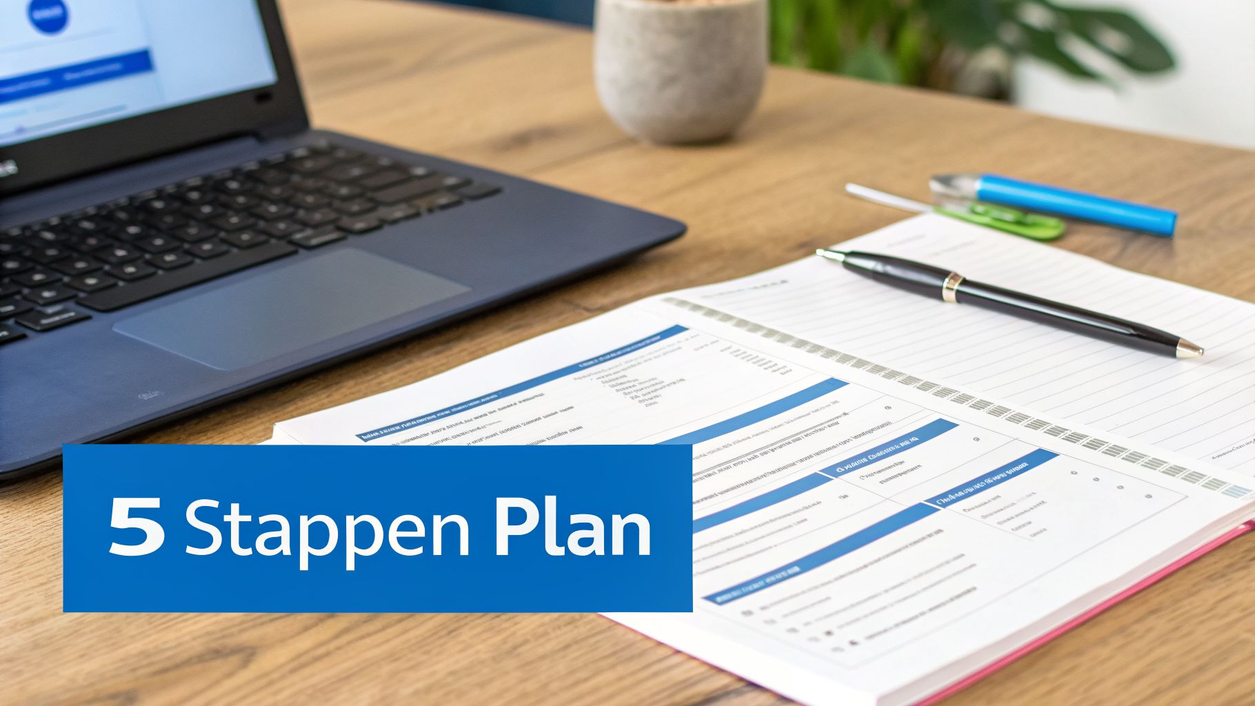 Werkplek met laptop, notitieboek, pen en een blauwe banner met '5 Stappen Plan'.