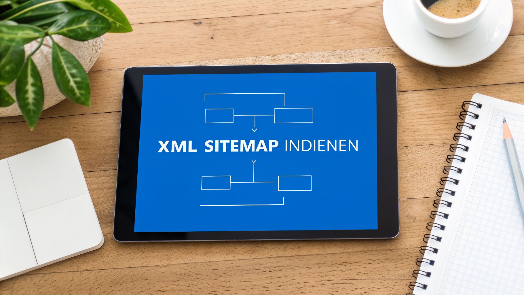 Een tablet op een houten bureau toont 'XML SITEMAP INDIENEN' met een schema, omringd door koffie en een notitieboekje.