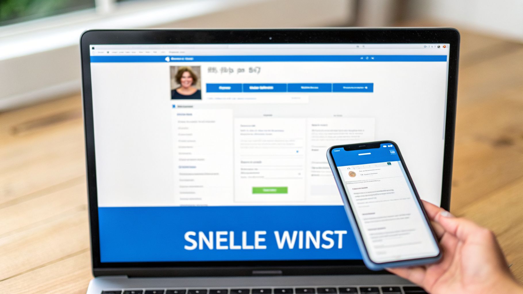 Laptop met een website die een profiel en 'SNELLE WINST' toont, naast een smartphone in een hand.