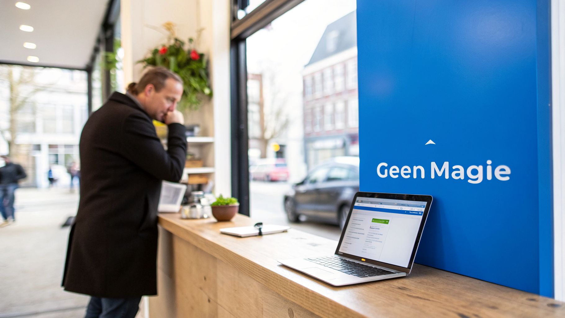 Een man in een zwarte jas staat gebogen over een houten balie, kijkend naar iets. Een open laptop en een blauw bord met "Geen Magie" zijn zichtbaar, met een stedelijke achtergrond.