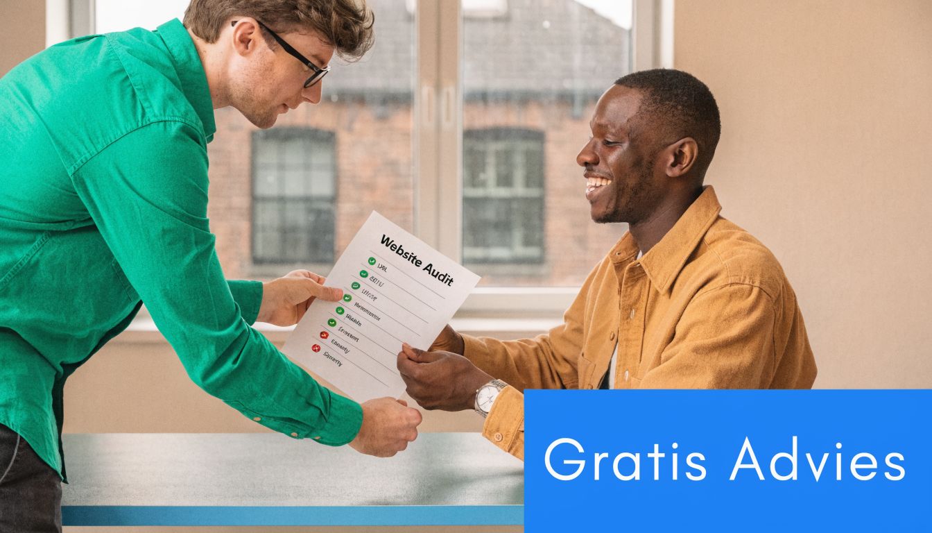 Een professionele man in een groen overhemd geeft een website audit document aan een glimlachende collega.
