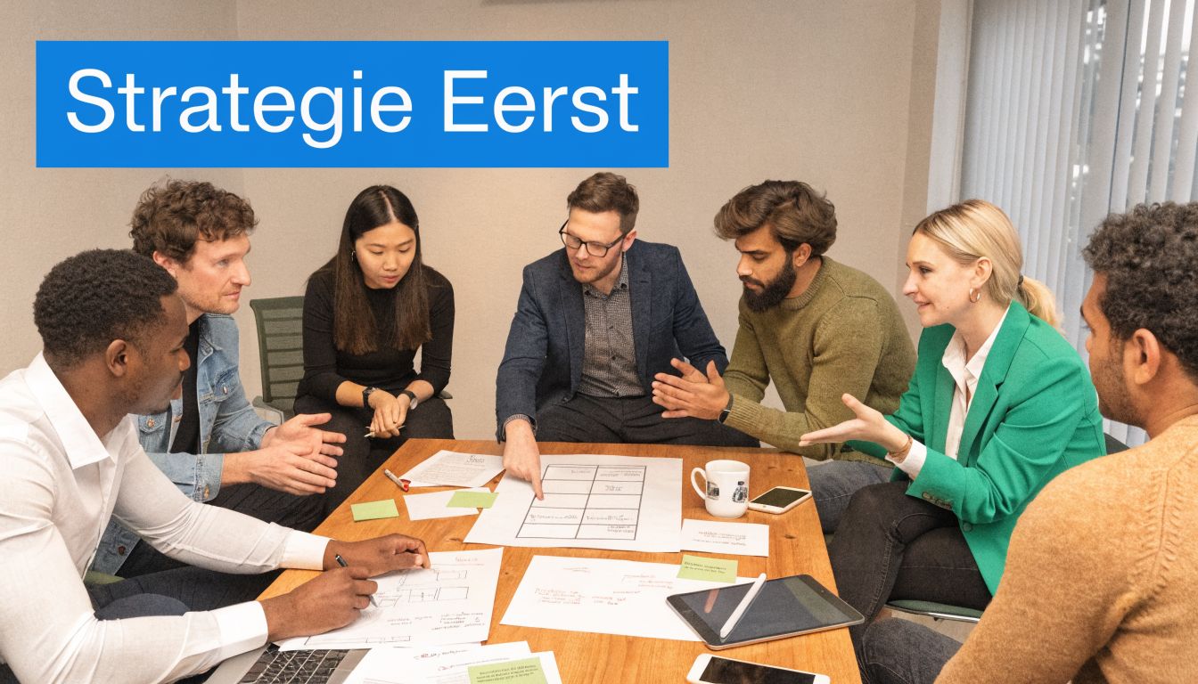 Een divers team van professionals vergadert rond een tafel tijdens een creatieve strategiesessie op kantoor.