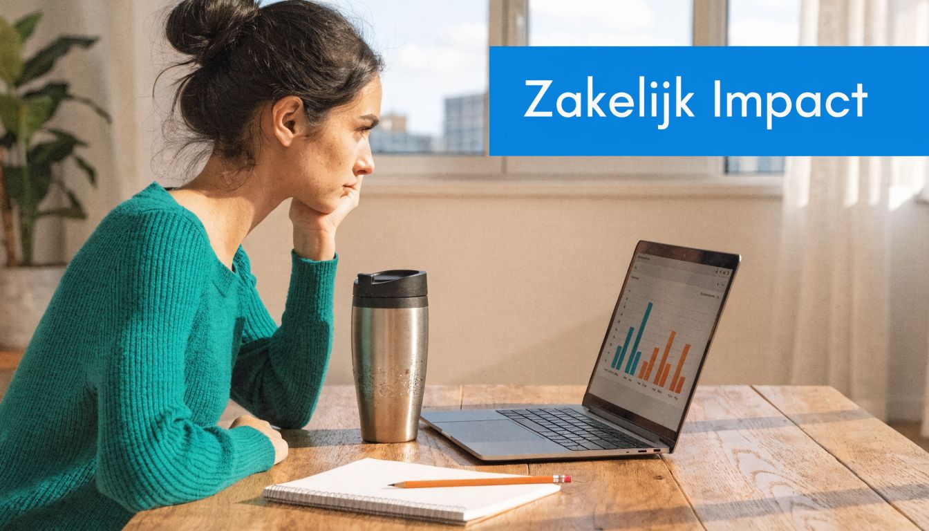 Een vrouw kijkt naar een zakelijk grafiek op een laptop terwijl ze aan een houten tafel zit.