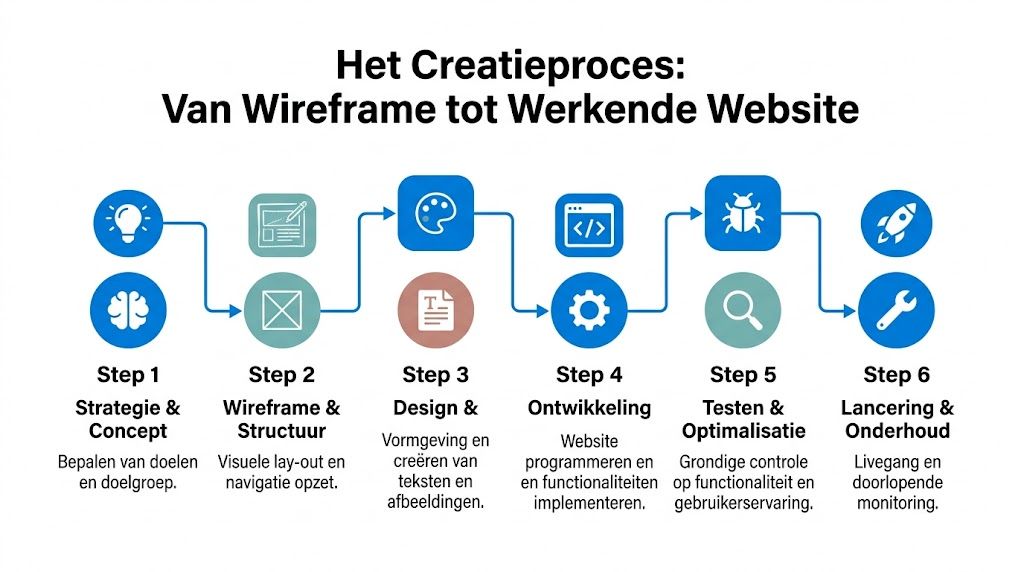 Een infographic die het creatieproces van een professionele website in zes stappen visueel toelicht.