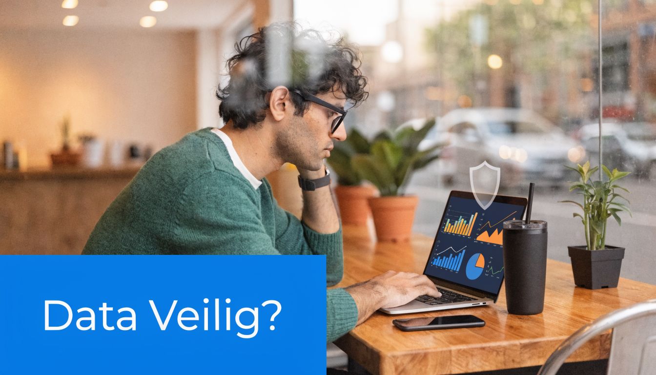 Een man werkt geconcentreerd op zijn laptop in een openbare ruimte met de tekst Data Veilig?