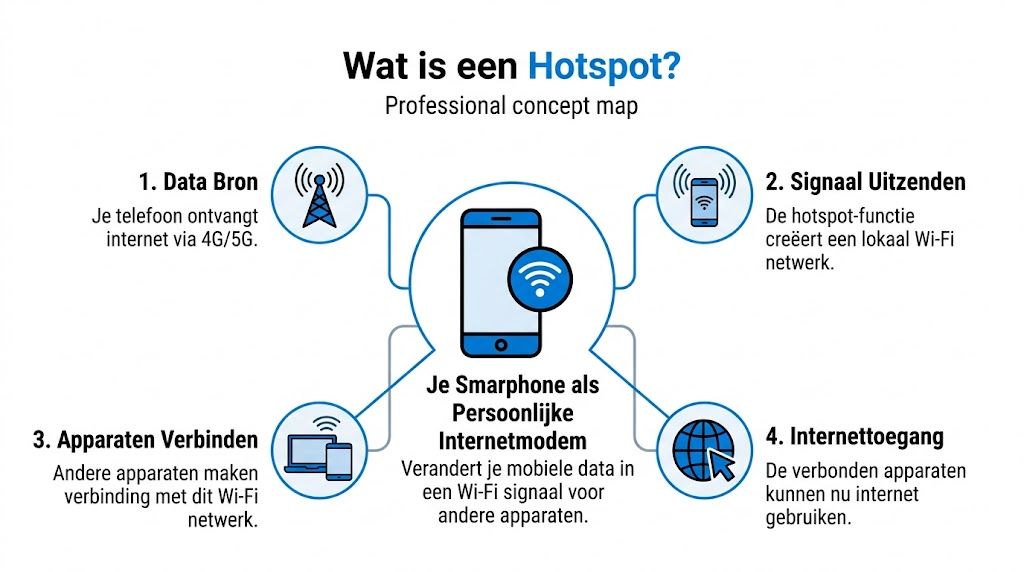 Conceptuele infographic in het Nederlands die uitlegt hoe een smartphone werkt als persoonlijke internet hotspot.