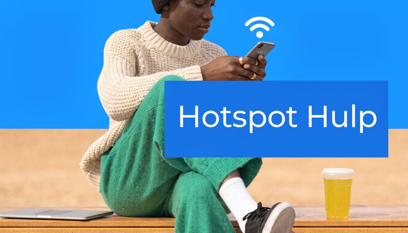 Een jongeman zit op een bankje en gebruikt zijn smartphone om een mobiele hotspot in te stellen.