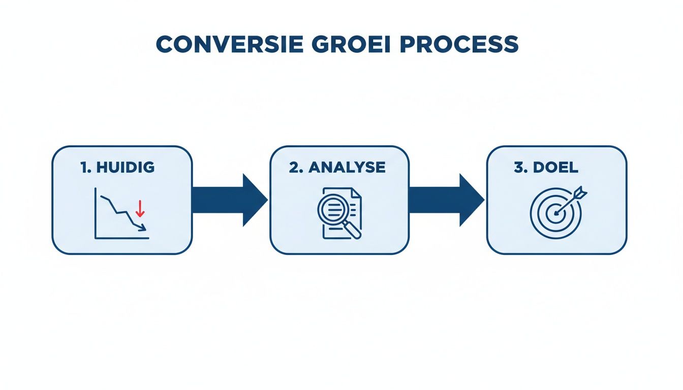 Een schematische weergave van het conversiegroeiproces: huidige situatie (dalende trend), analyse en het bereiken van een doel.