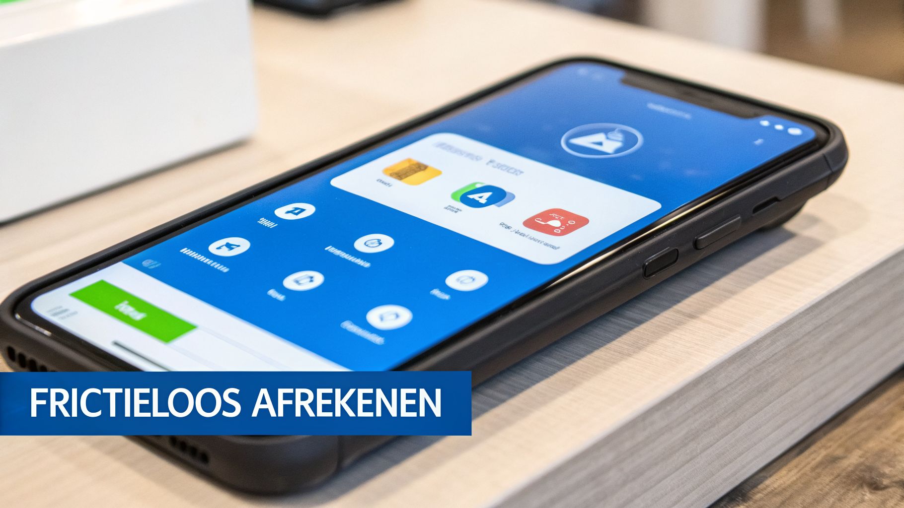 Een smartphone met een blauwe app voor frictieloos afrekenen, liggend op een houten tafel.