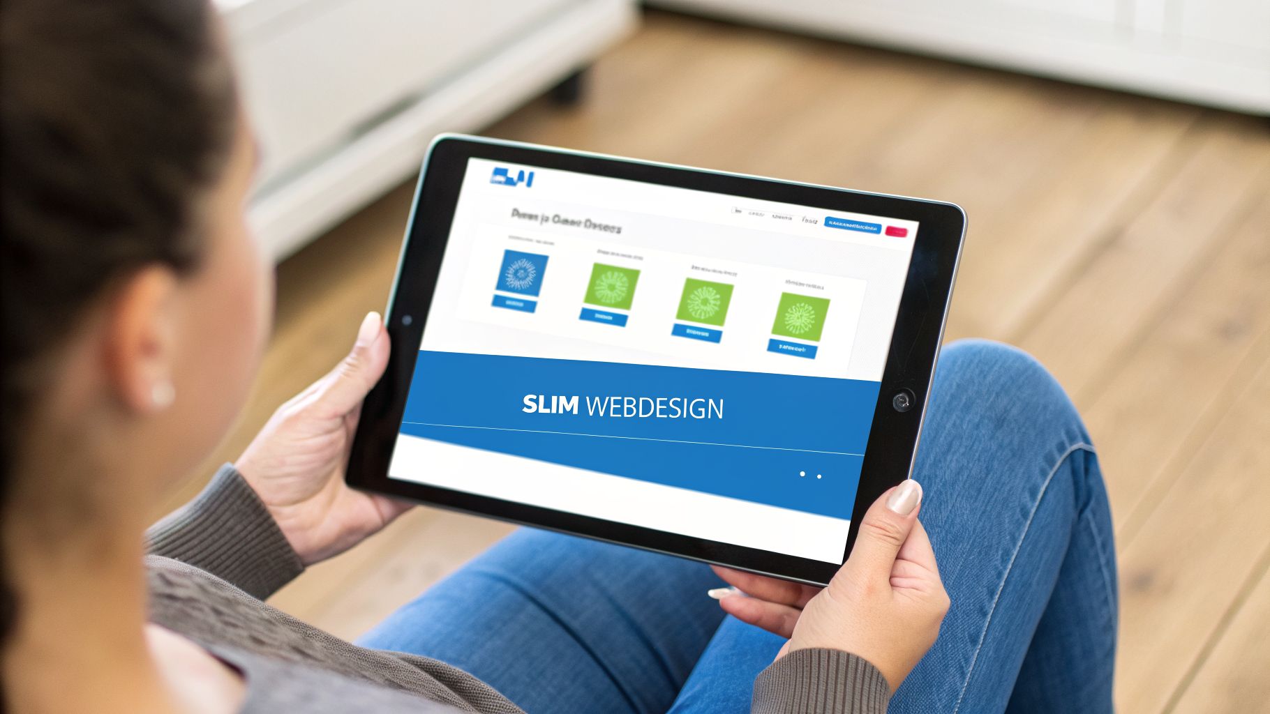 Een persoon bekijkt een tablet met een webdesignpagina, waarop de tekst 'SLIM WEBDESIGN' prominent te zien is.