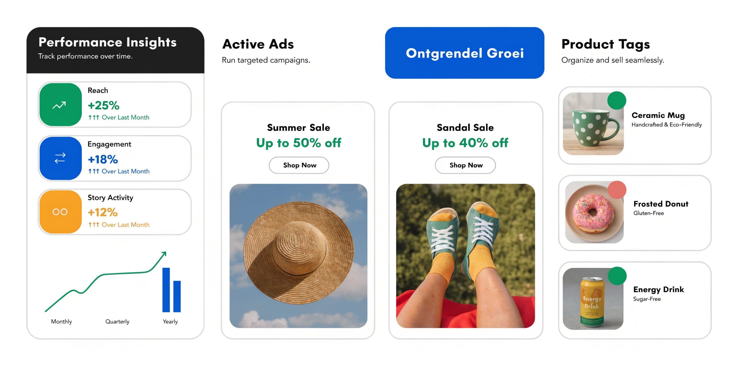 Een dashboard met prestatiecijfers, actieve advertenties voor zomerproducten en overzicht van productlabels voor een zakelijk Instagram-account.