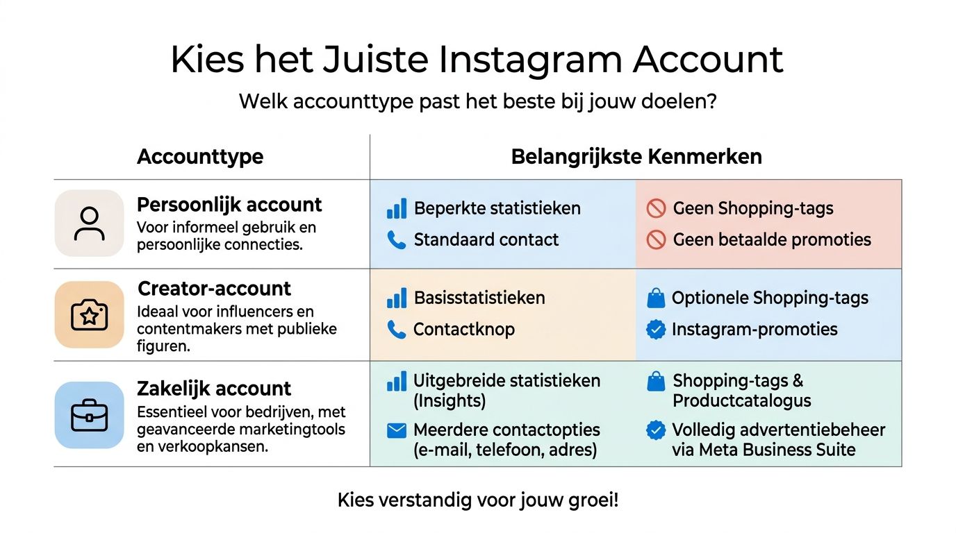 Een overzichtstabel in het Nederlands die de verschillen tussen persoonlijk, creator en zakelijk Instagram-accounttypes vergelijkt.