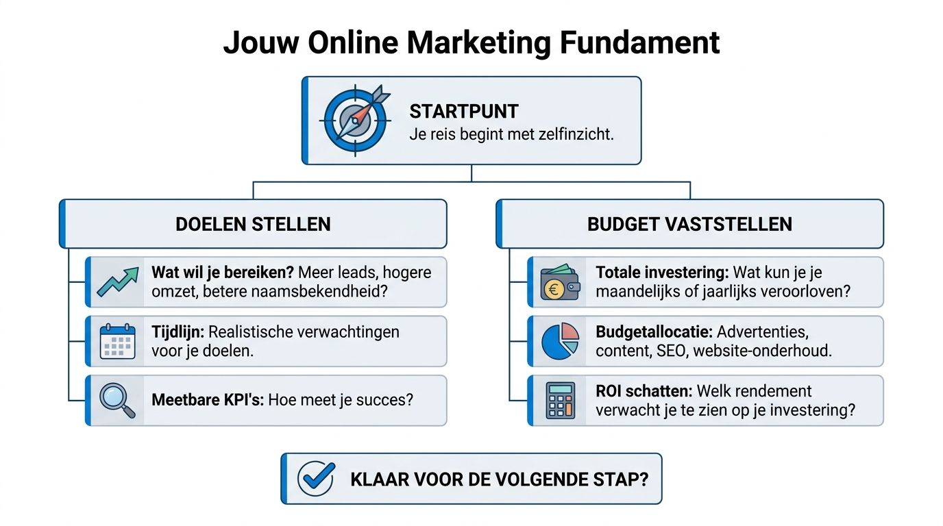 Een stroomschema over het opbouwen van een online marketing fundament voor bedrijven met doelen en budgettering.