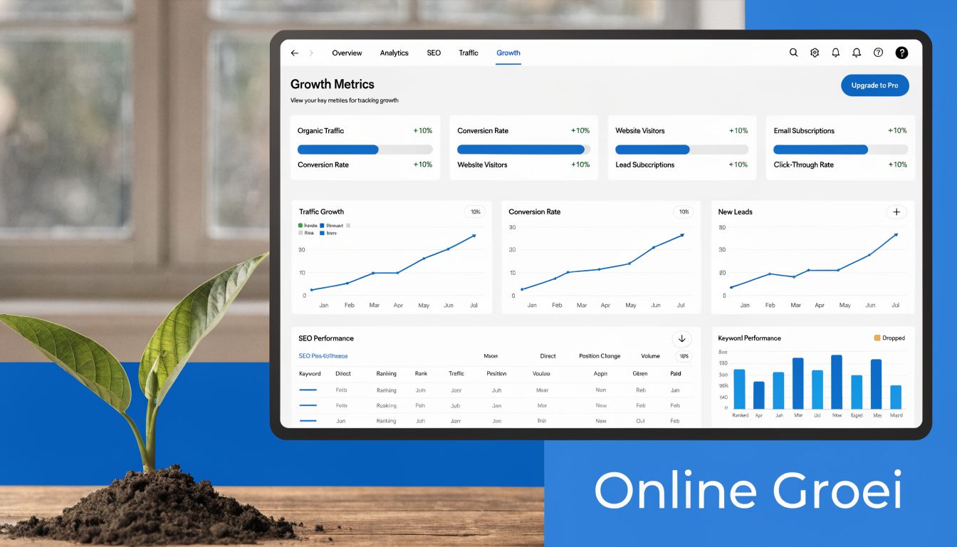 Een dashboard op een tablet toont digitale groeistatistieken, conversiepercentages en SEO-prestaties voor professioneel online bedrijfsbeheer.