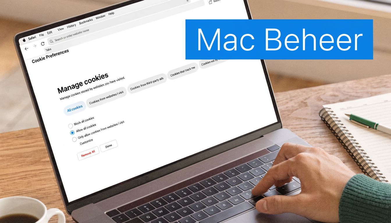 Een persoon die op een laptop de cookie-instellingen in de Safari-browser beheert voor betere privacy.