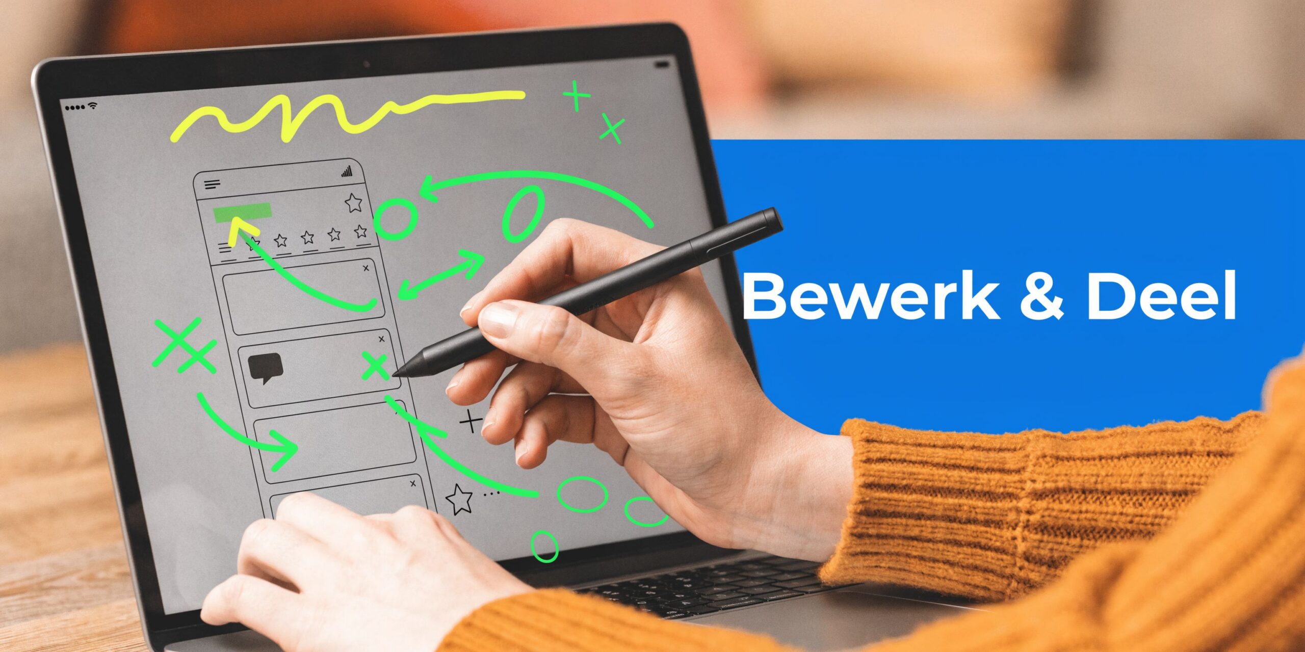 Een persoon werkt op een laptop en bewerkt een app-ontwerp met een digitale styluspen op het scherm.