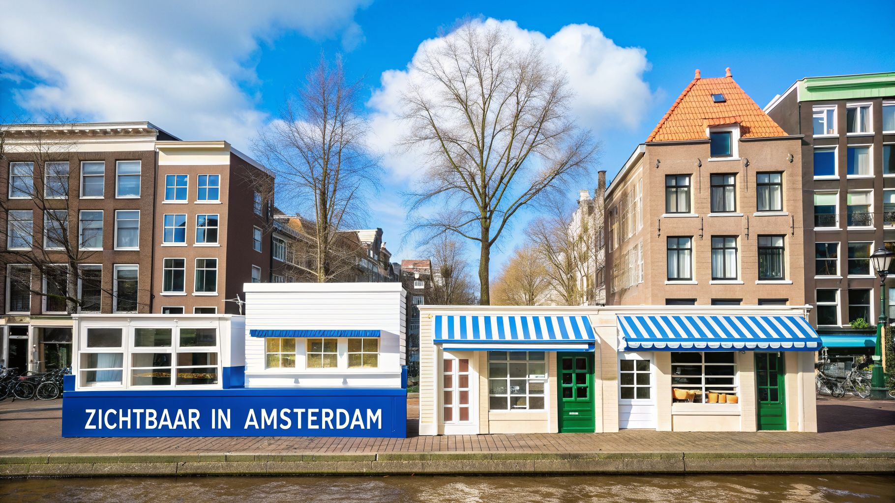 Gezicht op traditionele Amsterdamse grachtenpanden met twee winkels en de tekst 'ZICHTBAAR IN AMSTERDAM' langs een gracht.