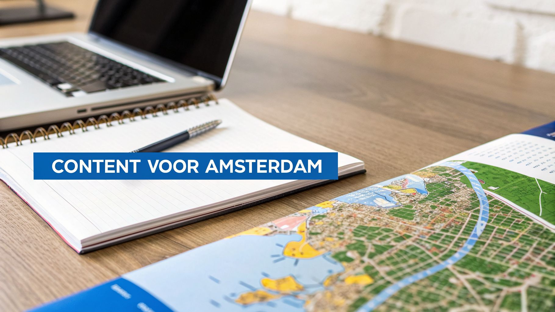 Werkplek met laptop, notitieboek, pen en een kaart van Amsterdam, met de tekst 'CONTENT VOOR AMSTERDAM'.