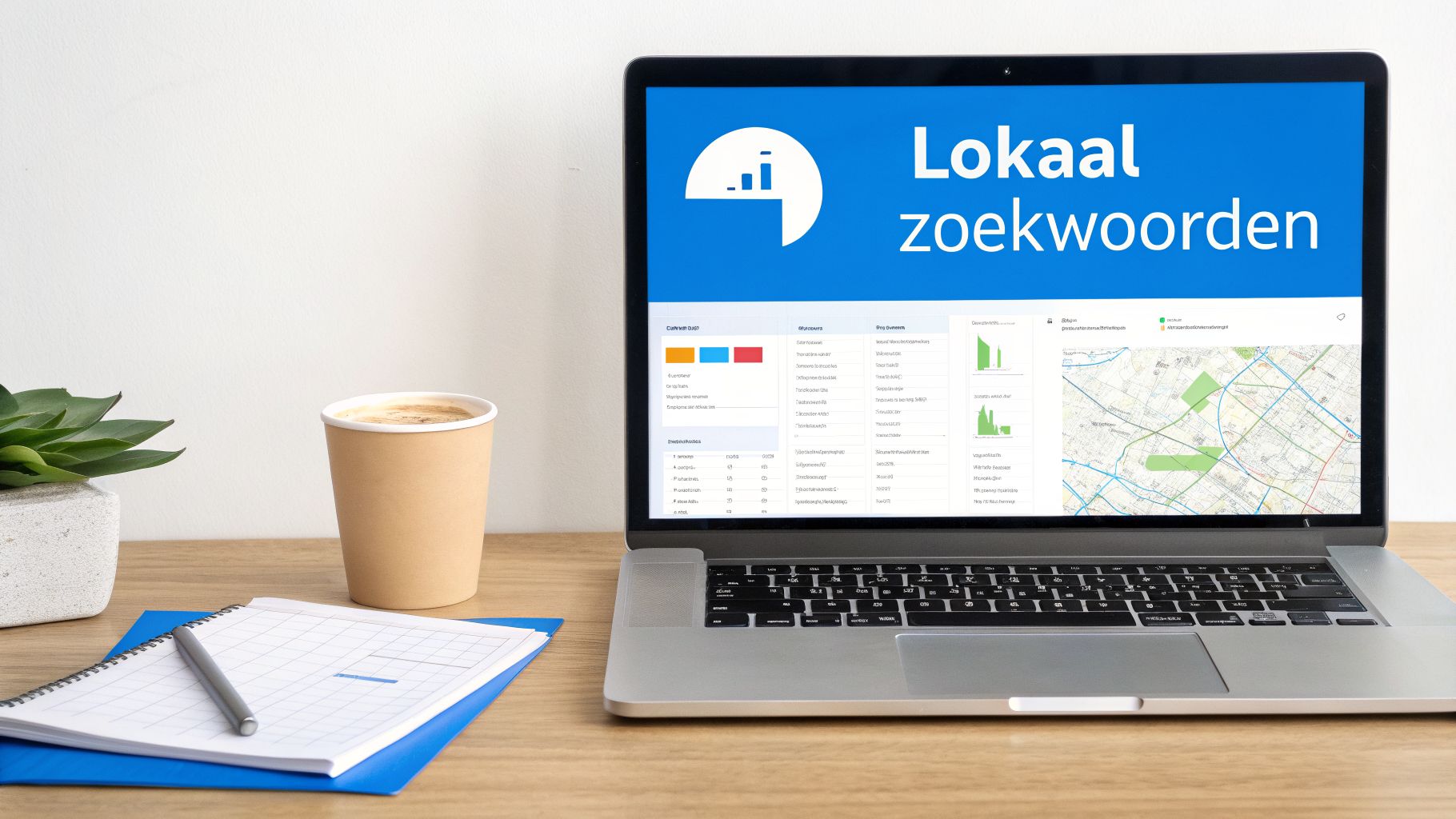 Laptop met 'Lokaal zoekwoorden' op scherm toont SEO-resultaten. Koffie en notities liggen op bureau.