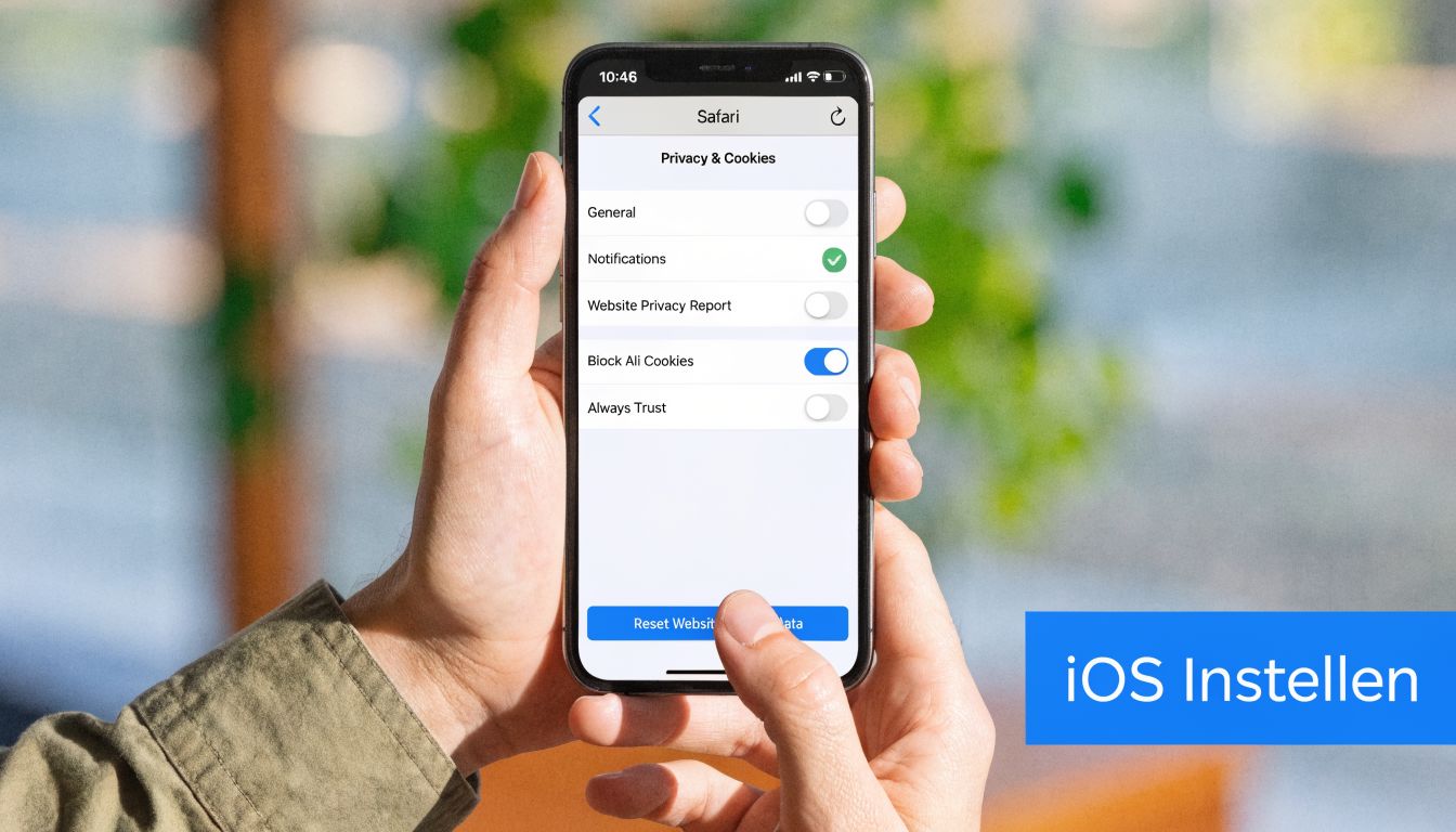 Een persoon houdt een smartphone vast waarop het Safari-instellingenmenu voor privacy en cookies wordt weergegeven.
