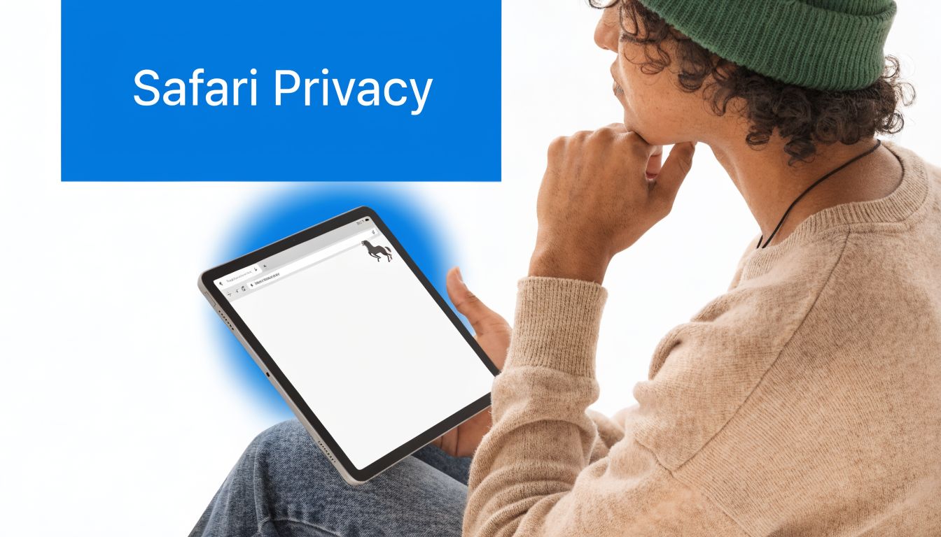 Een persoon met een groene muts kijkt naar een tablet met Safari-privacyinstellingen in een lichte omgeving.