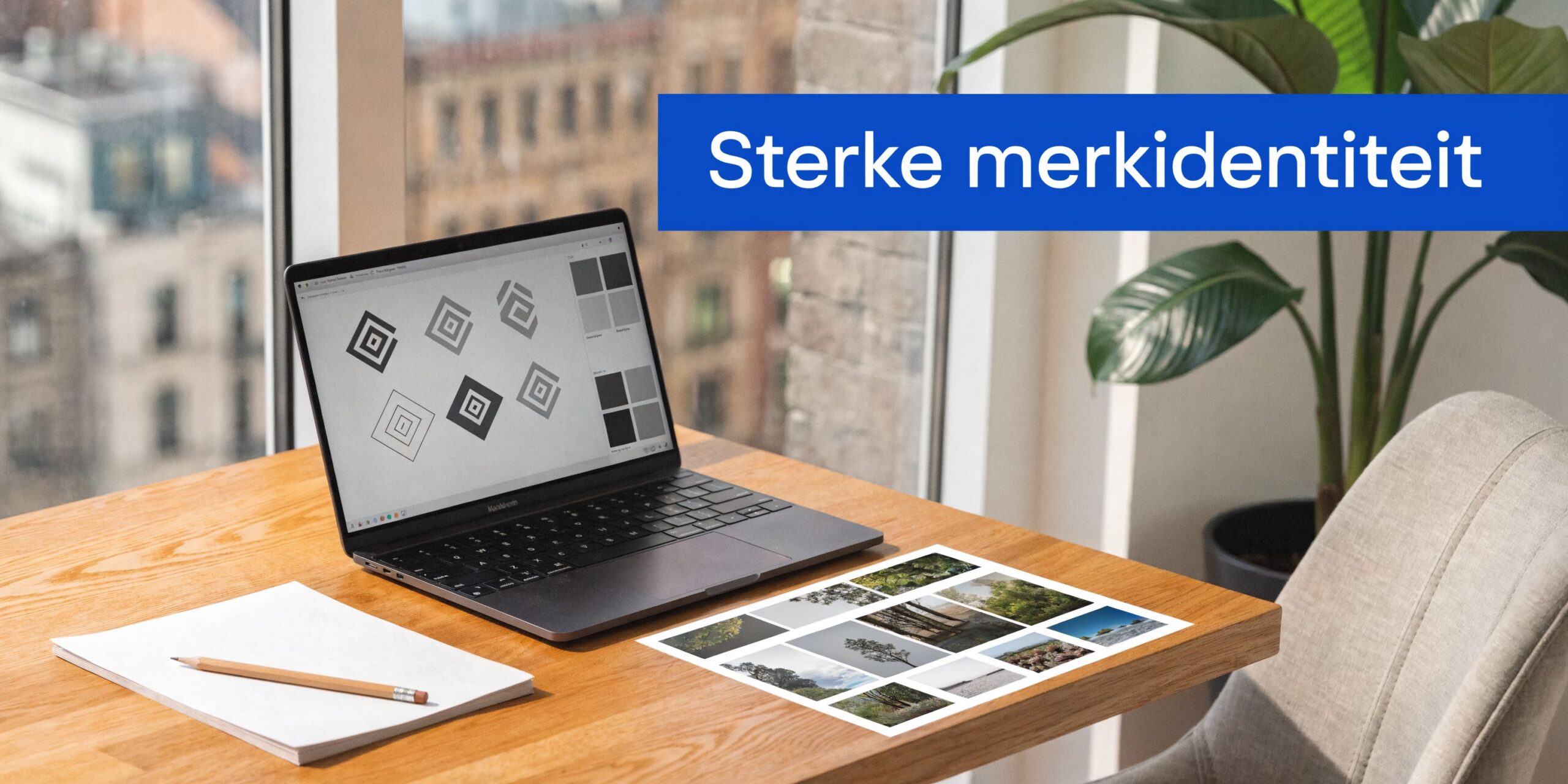 Een laptop en documenten op een houten bureau voor een raam met een professioneel logo ontwerp.