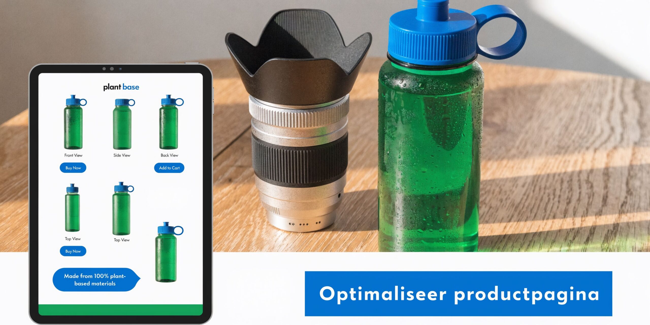 Een digitale tablet toont een productpagina voor een duurzame waterfles naast een echte fles en cameralens.