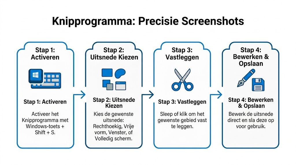 Een stappenplan in het Nederlands voor het maken van screenshots met het Windows Knipprogramma.