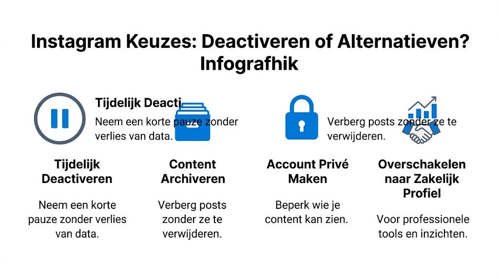 Een infografiek over Instagram opties: tijdelijk deactiveren, archiveren, account op privé zetten of zakelijk profiel gebruiken.