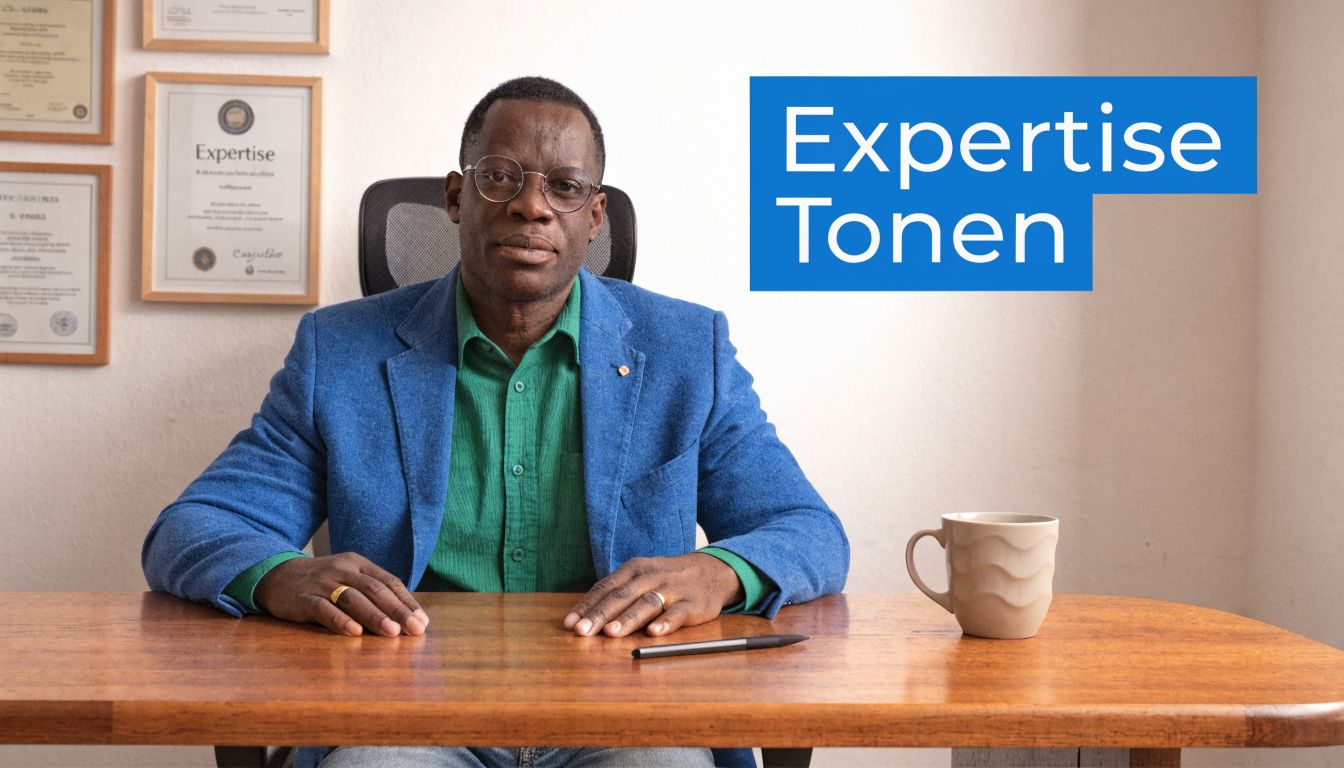 Een professionele man in een blauw jasje zit aan een bureau met certificaten aan de muur.
