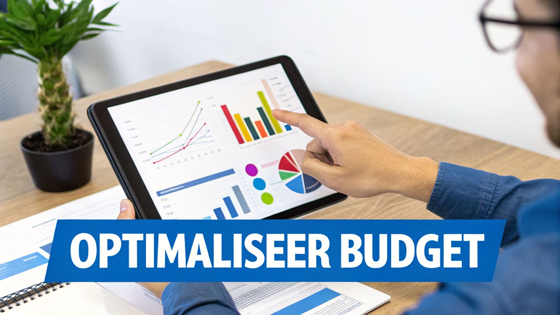 Een persoon bekijkt financiële grafieken en diagrammen op een tablet met de tekst 'Optimaliseer Budget'.