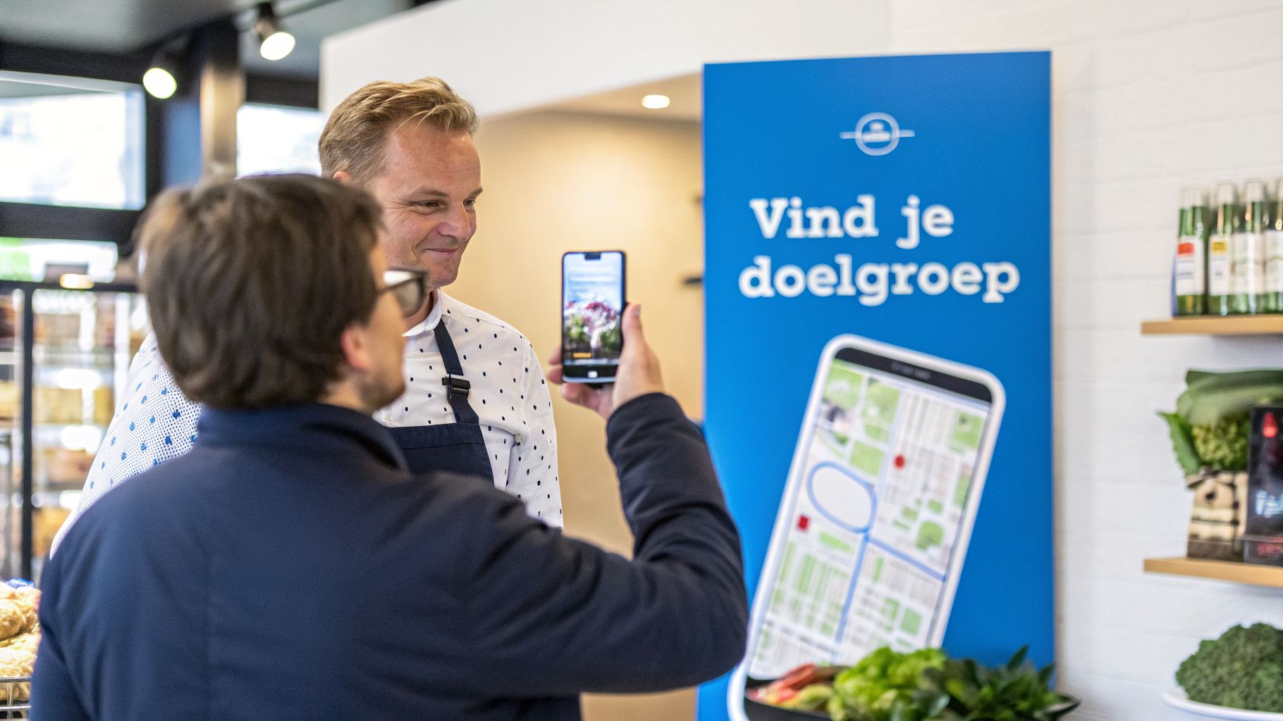Twee mannen in een winkel; één maakt een foto met een smartphone, de ander poseert lachend.