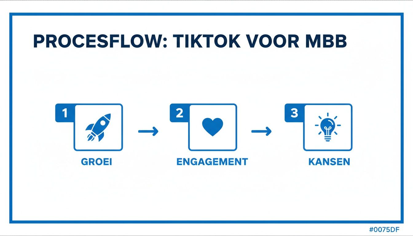 Procesflow voor TikTok voor MBB, bestaande uit groei, engagement en kansen met bijbehorende iconen.