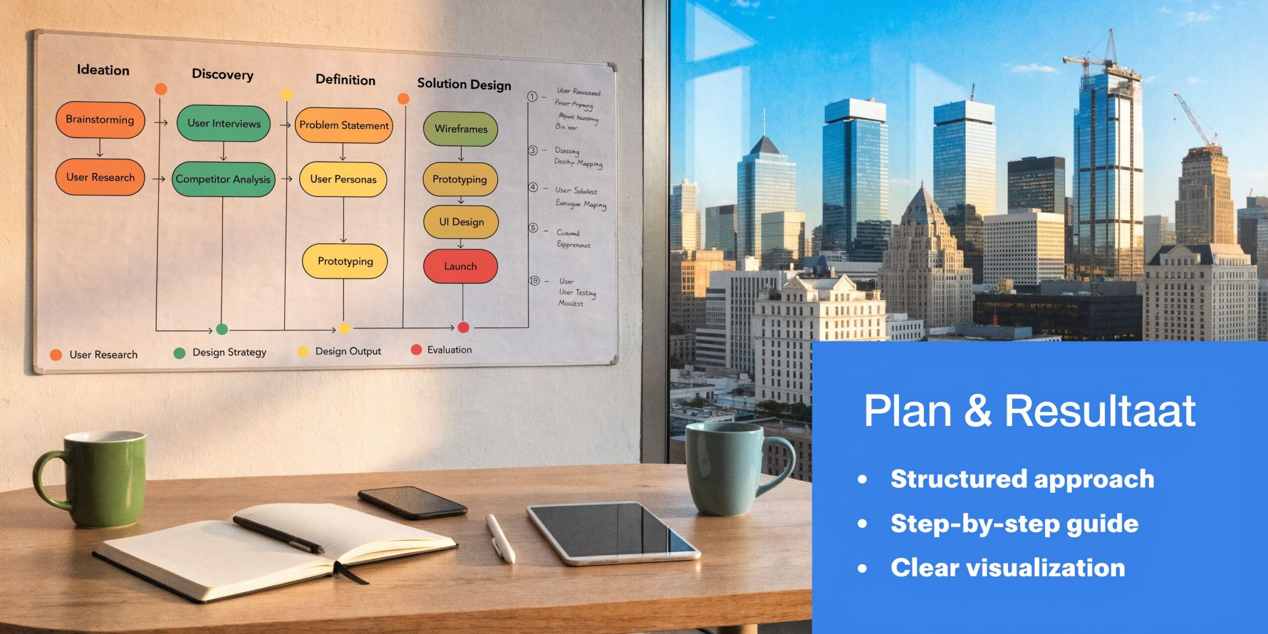 Een whiteboard met een gestructureerd stappenplan voor UI- en UX-ontwerpprocessen in een modern kantoor met stadsgezicht.