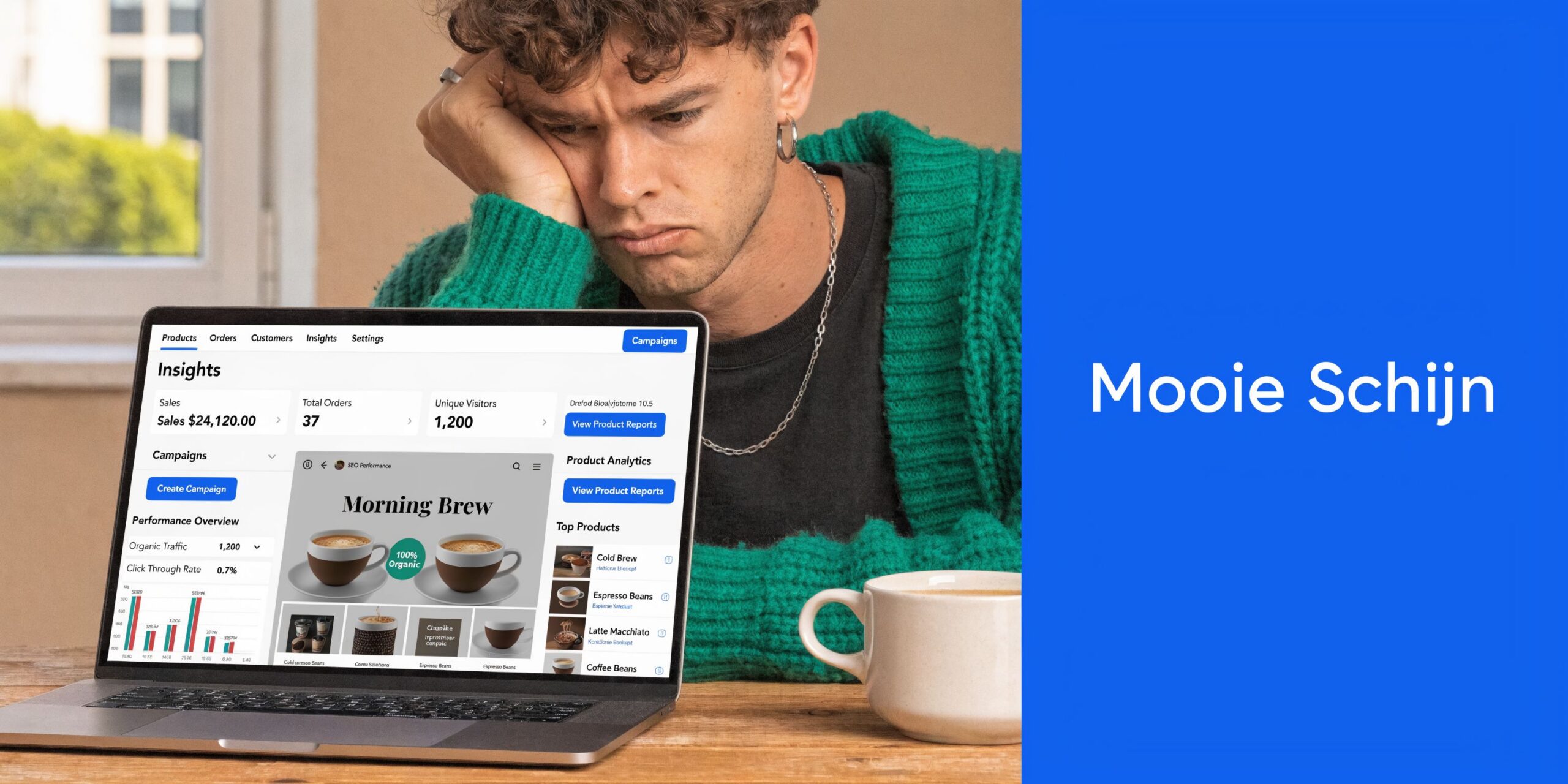 Een jongeman met een groene trui kijkt somber naar een laptop die statistieken toont van zijn webshop.